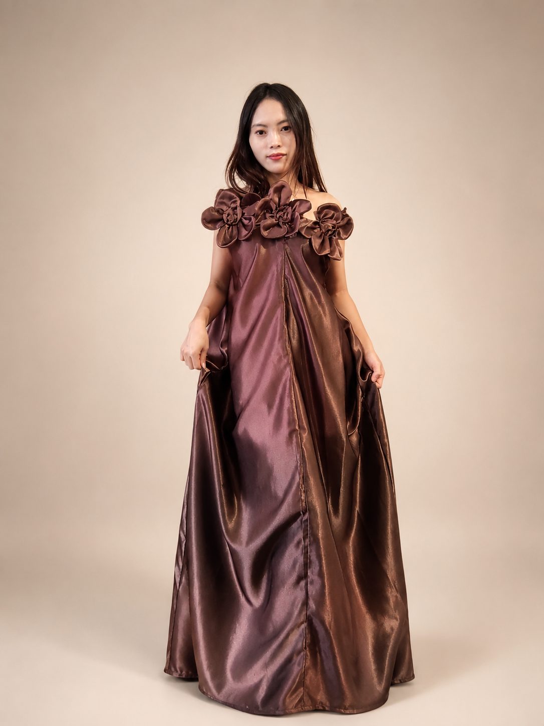 Model wearing PYONTSÜ A-line dress with 3D flower detail