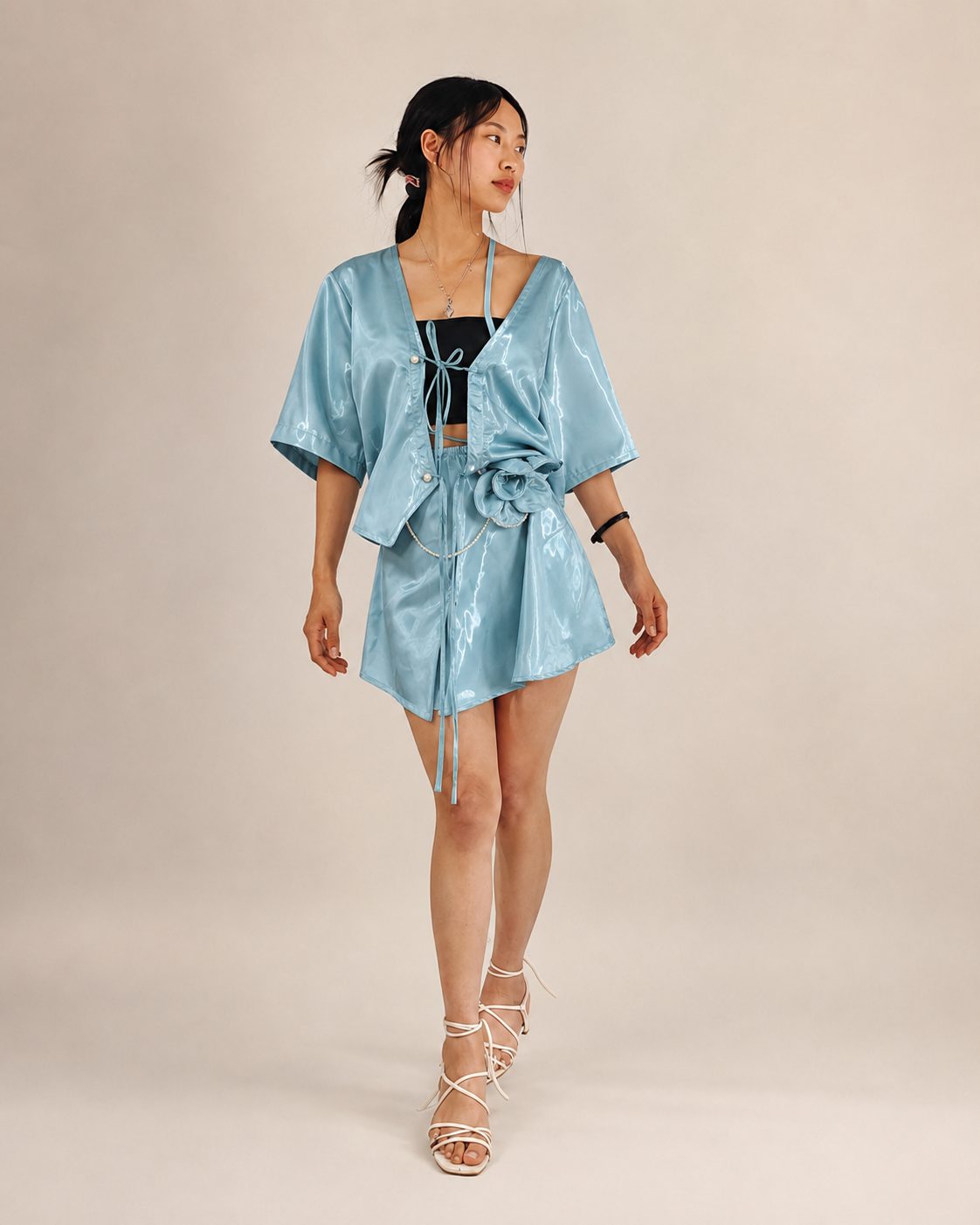 Model wearing PYONTSÜ blue co-ord set